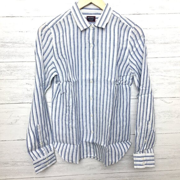 New UNTUCKit Women's Linen Shirt Whelen Blue & White Stripe Button Up size 4 - Picture 1 of 9